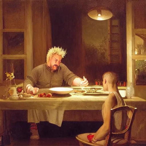Image similar to Guy Fieri in a modern restaurant kitchen, painting by Pierre Auguste Cot, dramatic lighting, at night