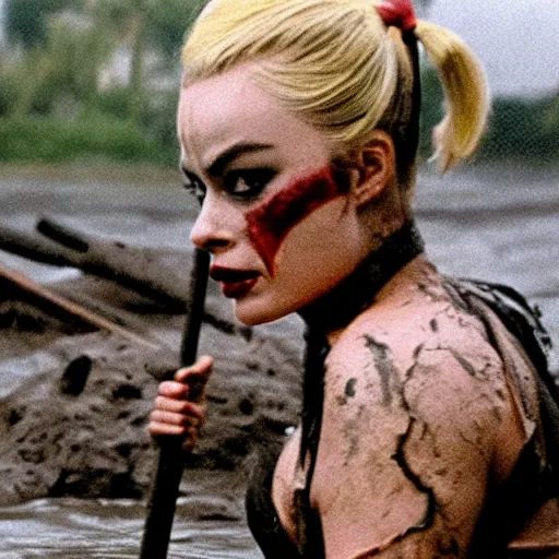 Image similar to film still, close up, margot robbie as harley quinn rising out of muddy vietnam river with a giant hammer, face covered in mud, low camera angle at water level, night time, film still from apocalypse now ( 1 9 7 9 ), 2 6 mm.