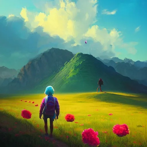 Image similar to giant carnation flower as a head, girl hiking in the mountains, surreal photography, sunrise, dramatic light, impressionist painting, colorful clouds, digital painting, artstation, simon stalenhag