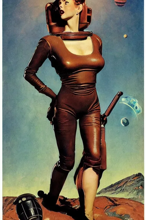 Image similar to 5 0 s pulp scifi fantasy illustration full body portrait slim woman in leather spacesuit on rocky mars, by norman rockwell, roberto ferri, daniel gerhartz, edd cartier, jack kirby, howard v brown, ruan jia, tom lovell, frank r paul, jacob collins, dean cornwell, astounding stories, amazing, fantasy, other worlds