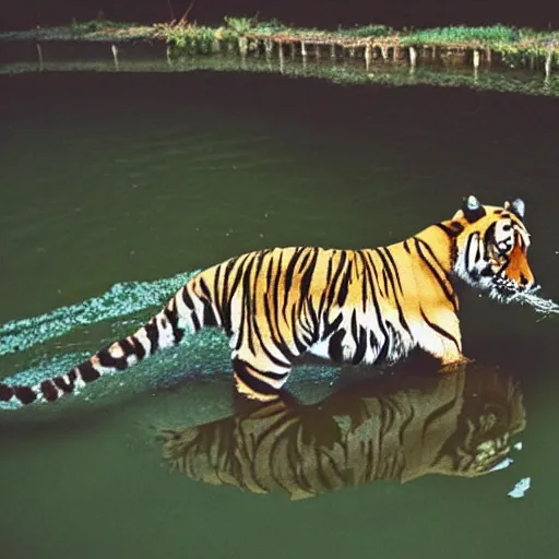 Prompt: analogue photo of a tiger cubs in a pond of black oil