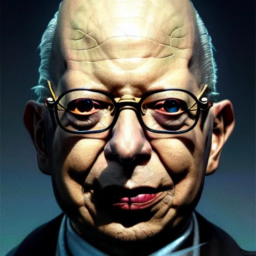 Image similar to uhd photorealistic dark scifi illustration portrait of klaus schwab wearing bizarre voodoo makeup, reading necronomicon. cinematic lighting, mad scientist style. golden ratio, accidental renaissance. in the style of akira toriyama, beksisnski, and amano and karol bak, scifi, fantasy, hyper detailed. concept art. trending on artstation