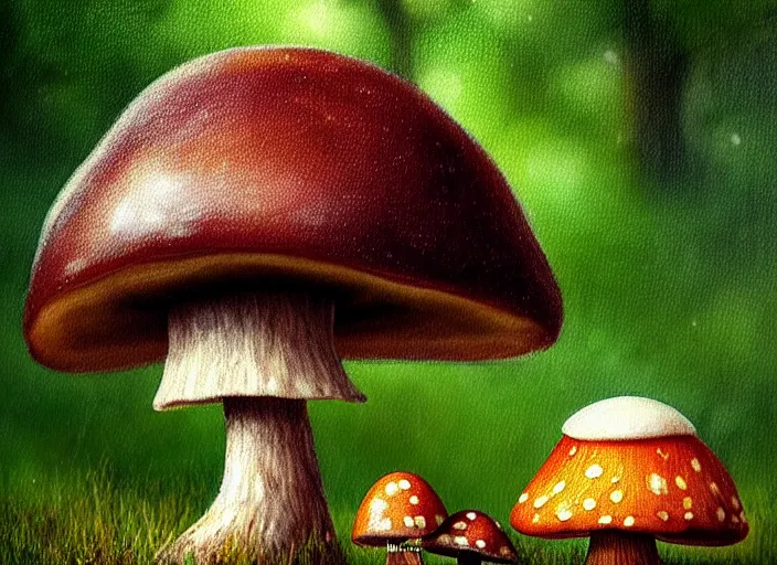 Image similar to a cute creature sitting next to a mushroom, realistic, very detailed, complex, intricate, studio lighting, superres sharpening, bokeh, sigma 5 0 mm f 1. 4, impressionist painting, digital painting, artstation, simon stalenha