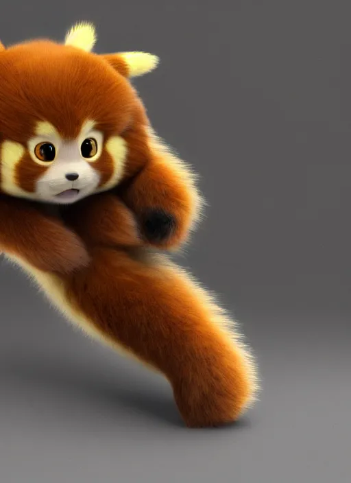 Image similar to high quality 3 d render hyperrealist very cute muted color fluffy! pikachu red panda hybrid highly detailed, vray smooth, in the style of detective pikachu, hannah yata charlie immer, soft indoor light, low angle, uhd 8 k, sharp focus