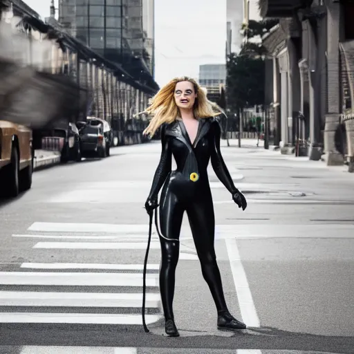 Image similar to Margot Robbie as Cat Woman, street light reflections, XF IQ4, 150MP, 50mm, F1.4, ISO 200, 1/160s, natural light