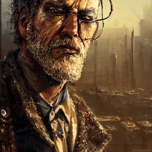 Prompt: cyberpunk, closeup portrait of a shaggy old cyberpunk fence, bald, tired eyes, tattered tweed jacket, dramatic light, city background, sunset, dystopian setting, high contrast, sharp, neuromancer, the finn, painted by stanley lau, painted by greg rutkowski, painted by stanley artgerm, digital art, trending on artstation