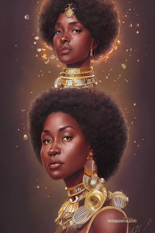 Image similar to Queen of england as a melanated black woman with an afro, highly detailed, digital painting, artstation, concept art, smooth, sharp focus, illustration, art by artgerm and greg rutkowski and alphonse mucha