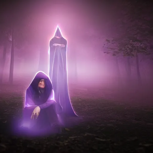 Image similar to luminescent purple wizard, realistic style, female, dark background, volumetric fog, 4K