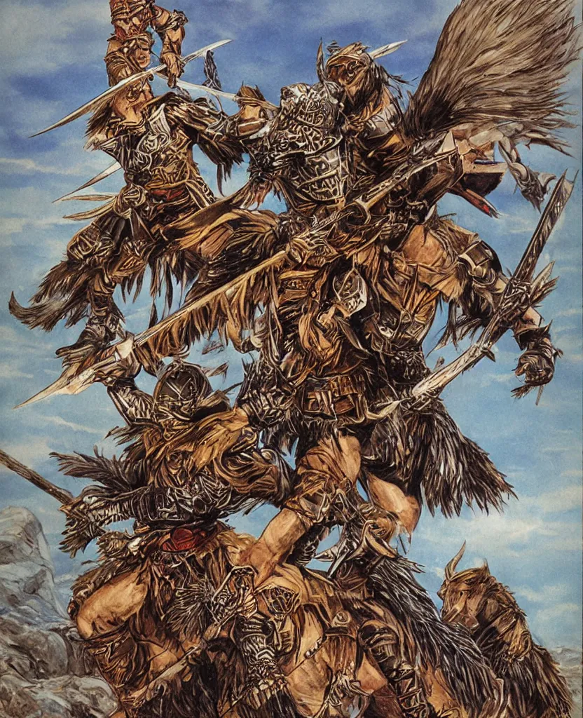 Prompt: dnd art, human fighter wearing armour made of griffon feathers, by larry elmore