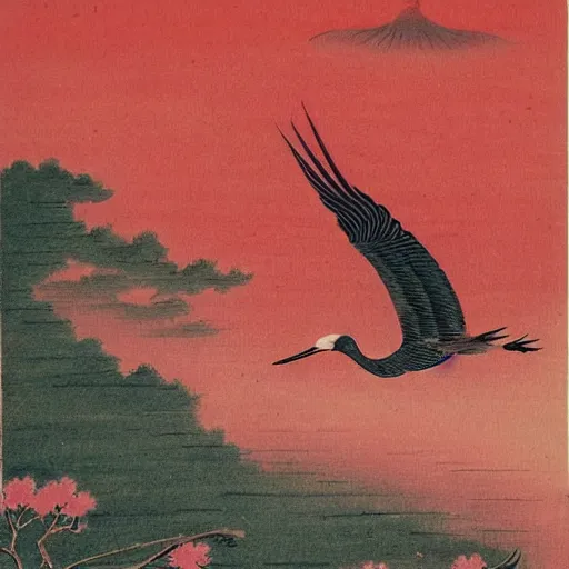 Prompt: two crane birds flying, red sun, clouds, cherry blossom, water, old vintage japanese art illustration