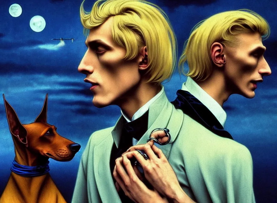 Image similar to realistic detailed portrait movie shot of an elegant blond male vampire with a doberman on a leash, sci fi landscape background by denis villeneuve, amano, yves tanguy, alphonse mucha, max ernst, caravaggio, roger dean, masterpiece, rich cold moody colours, dog teeth, blue eyes