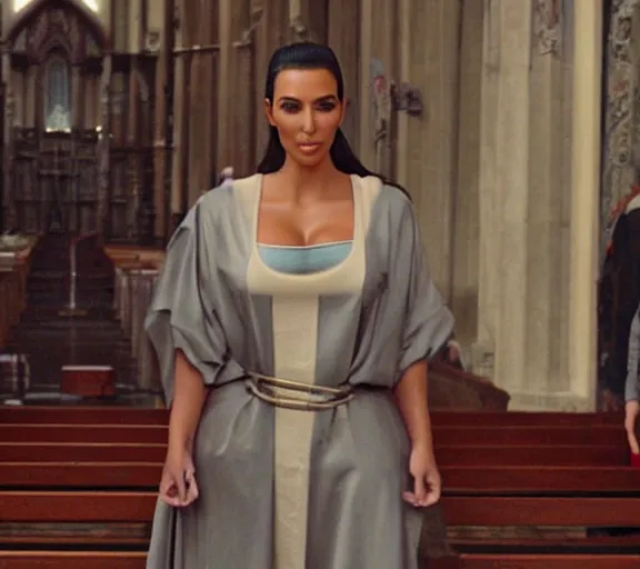 Image similar to a movie still of kim kardashian as a handcuffed prisoner with a chain around her neck bonded to a steel chair on the alter of a church