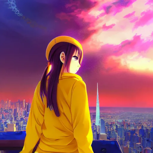 Prompt: anime ukrainian girl, in blue and yellow clothes, watching explosions in big city, concept art, trending on artstation, highly detailed, intricate, sharp focus, digital art, 8 k