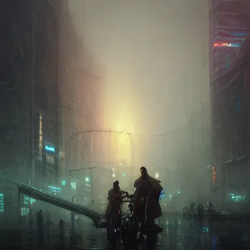 Image similar to epic portrait an cyberpunk city full of puddles and water, cloudy, rain, glowing, huge, broad light, ambient occlusion, volumetric light effect, made by ivan aivazovsky, peter mohrbacher, greg rutkowski, matte painting, trending on artstation, 4 k, perfectly defined features, digital painting,