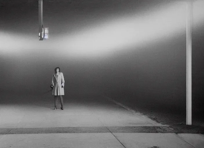 Image similar to cinematic portrait of olivia coleman standing outside in a foggy desolate eerie department store empty parking lot, one car, paranoia everywhere, scene from the tense thriller film directed by stanley kubrick, detailed portrait photo, volumetric hazy lighting, anamorphic lens, moody cinematography, 3 5 mm kodak color ektochrome