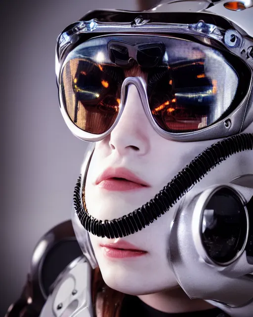 Prompt: centered portrait photo of young lorena herrera as a solarpunk mecha humanoid robotic parts wearing goggles with bright lights, real human face, pudica pose, inside white room, ultra - realistic and detailed, 8 k