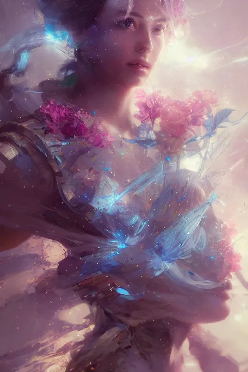 Image similar to beautiful girl covered with crystals exploding space, 3 d render, hyper realistic detailed portrait, holding magic flowers, ruan jia, wlop. scifi, fantasy, hyper detailed, octane render, concept art, peter mohrbacher