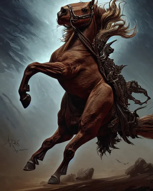 Image similar to wild horse art by giger, deep focus, d & d, dark fantasy, intricate glow accents, elegant, highly detailed, digital painting, artstation, concept art, matte, sharp focus, 8 k 3 d, hearthstone, art by artgerm and greg rutkowski and alphonse mucha