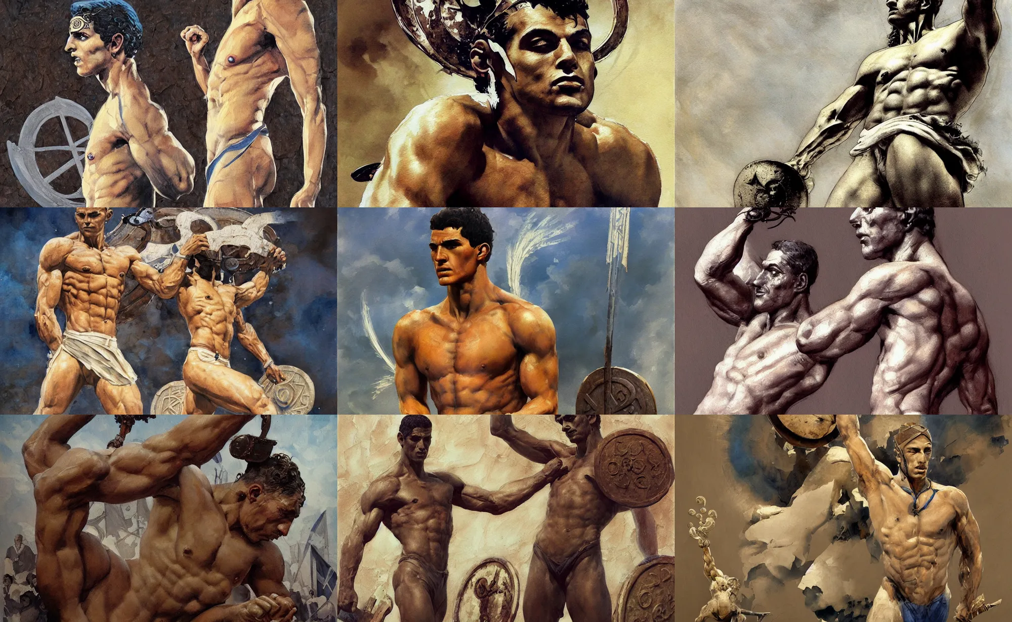 Prompt: A mixed media painting of a greek athlete at the first olympics, very aesthetic, detailed face and eyes, by Frank Frazetta, Boris Vallejo, Greg Rutkowski, Beeple, Yoko Taro, Christian MacNevin, epic fantasy character art, viking runes, high fantasy, CGsociety, full length, exquisite detail, post-processing, masterpiece, cinematic, coliseum backdrop