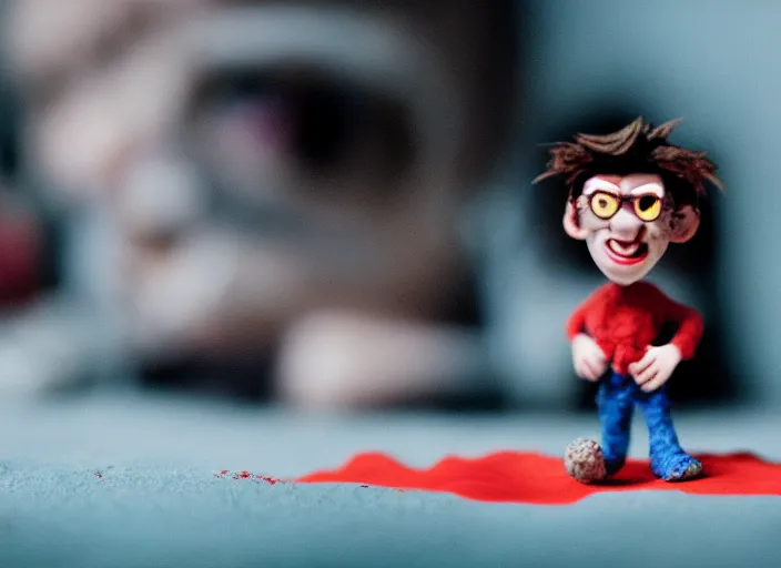 Image similar to cinematic screenshot portrait of a stop motion claymation film about a goofy wacky adventure starring ace ventura, shallow depth of field, 1 8 mm, f 1. 8