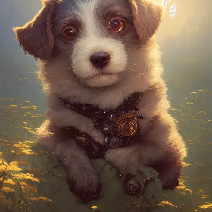 Image similar to highly detailed portrait of a cute puppy, unreal engine, fantasy art by greg rutkowski, loish, rhads, ferdinand knab, makoto shinkai and lois van baarle, ilya kuvshinov, rossdraws, tom bagshaw, alphonse mucha, global illumination, radiant light, detailed and intricate environment