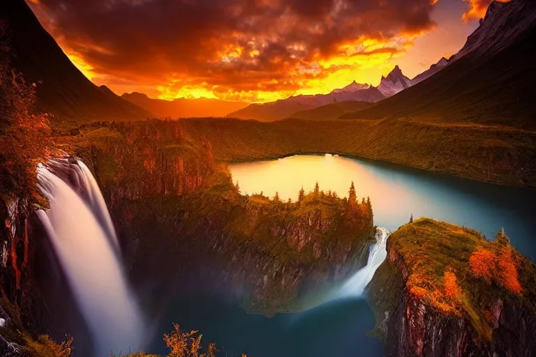 Image similar to surreal amazing landscape photo of mountains with lake and destroyed castle on top of a waterfall at sunset by Marc Adamus beautiful dramatic lighting,