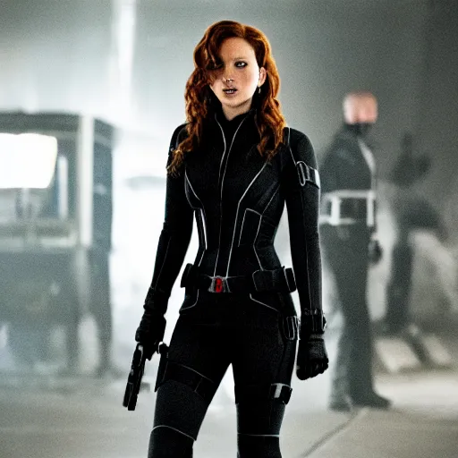 Prompt: A still of Jennifer Lawrence as Black Widow