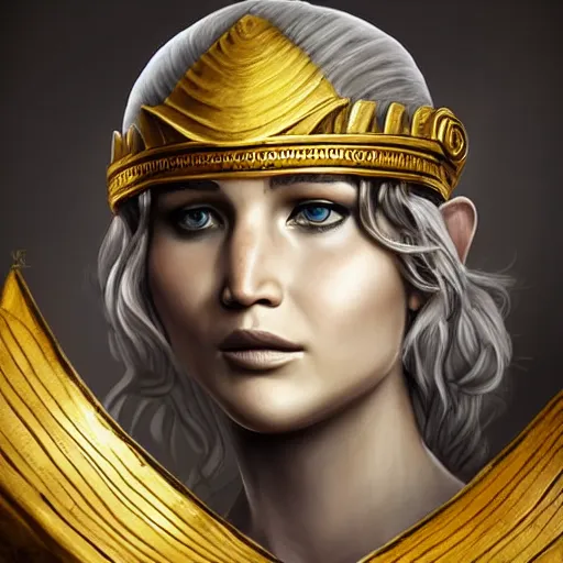 Image similar to Jennifer Lawrence as ancient greek woman in golden helmet, giant grey-haired bearded male face in the sky, epic fantasy style art, fantasy epic digital art