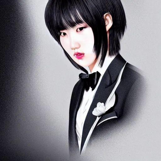 Image similar to portrait of a beautiful korean girl wearing a men's tuxedo, with long hair and bangs, angular features, angry expression, digital art, elegant pose, detailed illustration