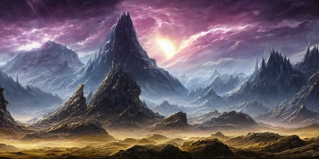 Image similar to The eldritch sky landscape with mountains in the background, Sci-Fi fantasy desktop wallpaper, painted, 4k, high detail, sharp focus