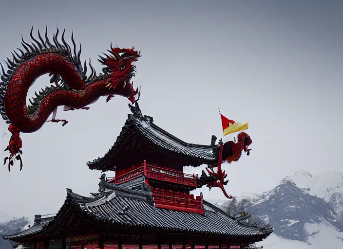 Image similar to chinese dragon floating above a temple in the snowy mountains by morbacher and yoshitaka amano