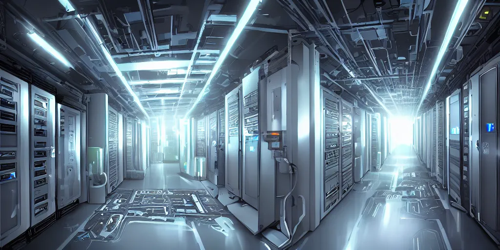 Image similar to parallax datacenter server room white rusty android robocowboy in artstation