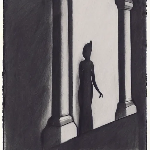 Image similar to filmic noisy bipedal paris web balinese cat zinc pilaster pediment, by kati horna and juan gimenez and edward hopper, art on instagram, charcoal drawing, polaroid photo