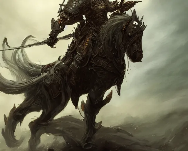 Image similar to A ghost warrior riding a giant ghost horse with armour, fantasy art, in the style of Frank Neidhardt, illustration, epic art, fantasy, intricate, elgant, amazing detail, digital painting, artstation, concept art, smooth, sharp focus
