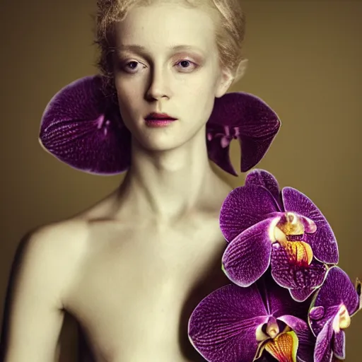 Image similar to long shot kodak portra 4 0 0, 8 k, volumetric lighting, highly detailed, britt marling style 3 / 4 fine art portrait photography in style of paolo roversi, orchid, orchid flower human hybrid, 3 d render 1 5 0 mm lens, art nouveau fashion royal details, elegant hyperrealistic ultra detailed, 8 k