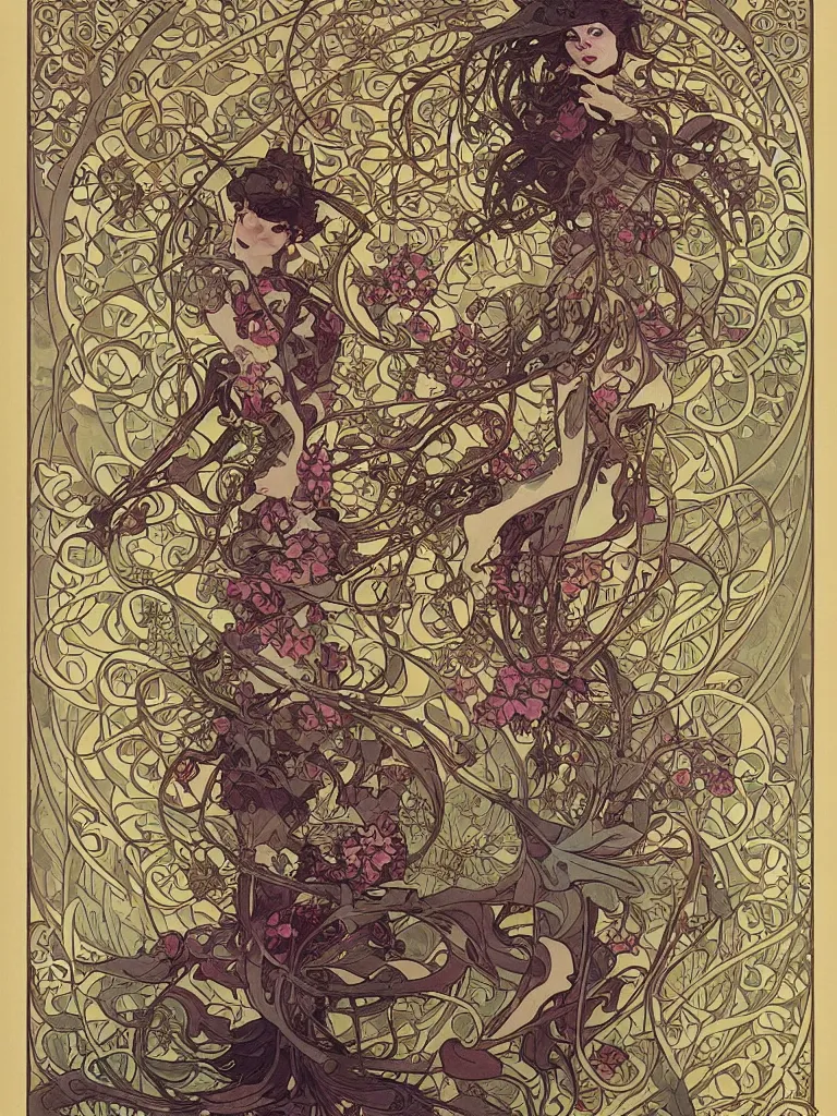 Prompt: a skeleton covered in flowers in a dynamic pose, art nouveau patterns, alphonse mucha, james jean, peter mohrbacher, highly detailed, soft lighting,