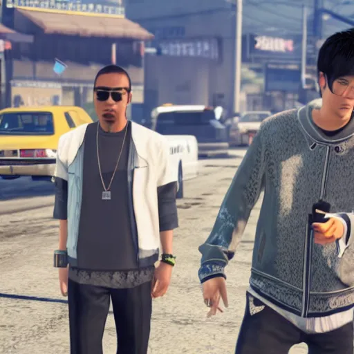 Prompt: Wu Yifan and Jay Chou rap in GTA 5, 4k