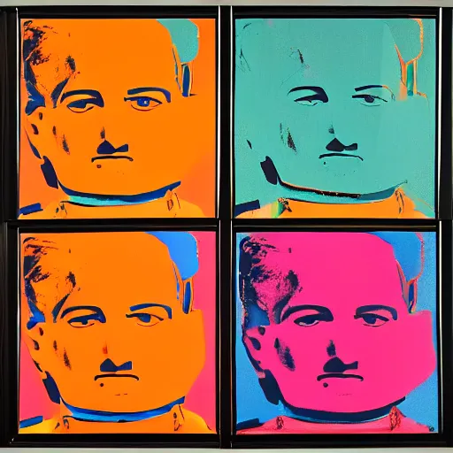 Image similar to frits lang robot, 6 panels by andy warhol, with highly contrasted colors and an illuminating background