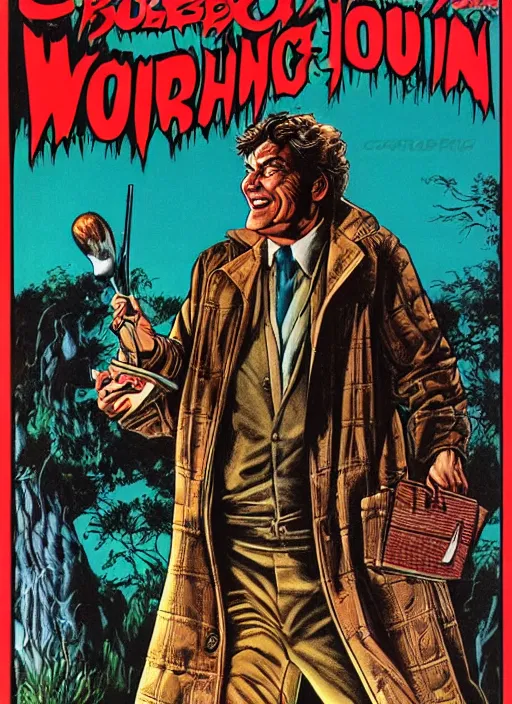 Image similar to Columbo, Creepshow (1982) comic book cover, artwork by Bernie Wrightson, full color, detailed