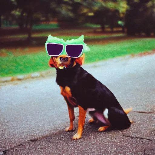 Prompt: photo of dog wearing sunglasses kodak ultramax 400, 35mm, full-HD