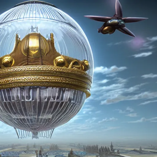 Image similar to enormous flying city in a faberge egg, sky, steampunk, fantasy art, masterpiece, unreal engine, hugh ferriss