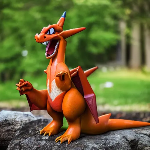 Prompt: photo realistic charizard, shot with sigma f / 4. 2, 5 0 mm sharp lens, shallow depth of field