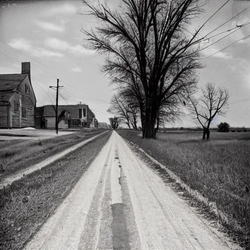 Prompt: walking in the middle of a road in a depression era midwest town that was abandoned w 7 6 4