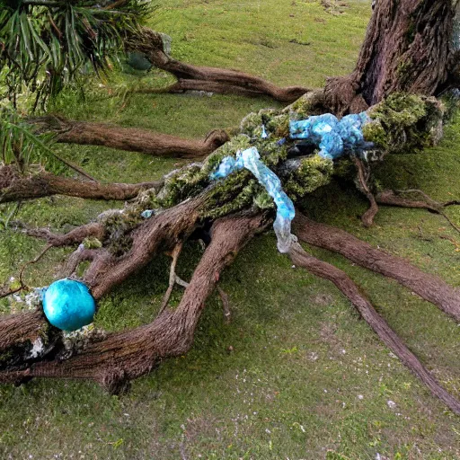 Prompt: old twisted mossy tree branch wrapped around a large blue crystal in the shape of a staff