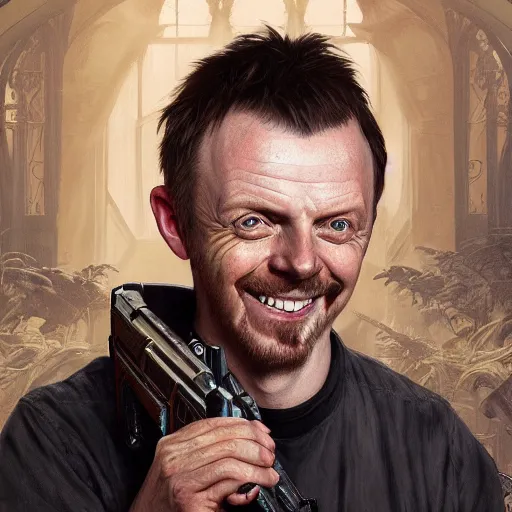 Prompt: portrait painting of simon pegg smiling with a winchester, ultra realistic, concept art, intricate details, eerie, highly detailed, photorealistic, octane render, 8 k, unreal engine. art by artgerm and greg rutkowski and alphonse mucha