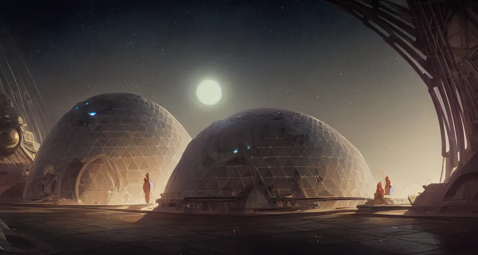 Image similar to cinematic shot, futuristic city on the moon inside a giant geodesic dome, utopian, night, stars, digital painting, artstation, concept art, smooth, sharp focus, illustration, intricate, elegant, highly detailed, in the style of greg rutkowski and alphonse mucha and artemisia, 8 k, highly detailed, jurgens, rutkowski