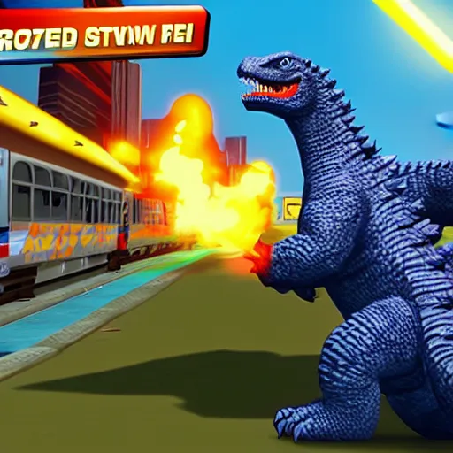 Image similar to Godzilla as a playable character in Subway Surfers, in-game screenshot