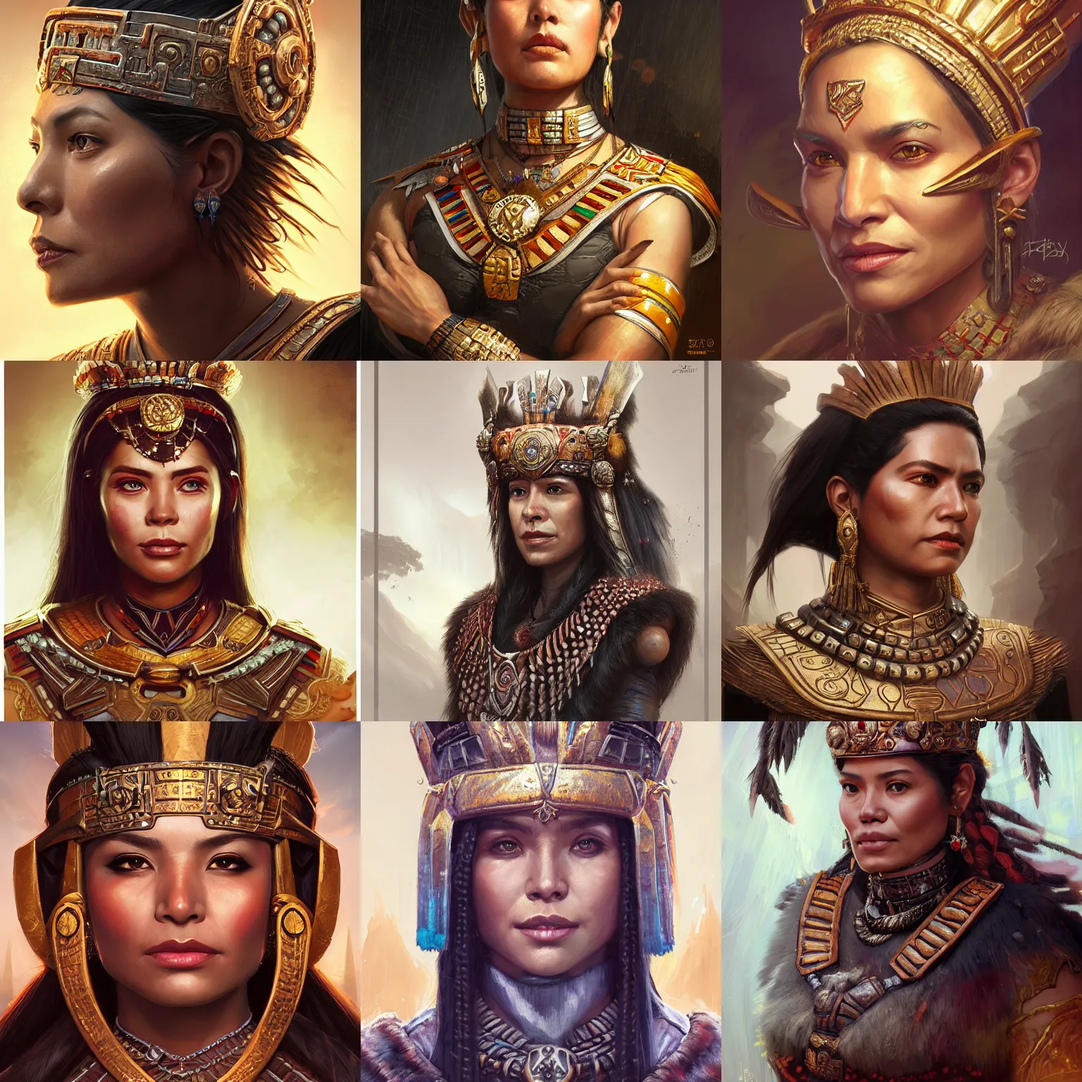 Image similar to incan empress, magaly solier, D&D, fantasy, portrait, highly detailed, digital painting, trending on artstation, concept art, sharp focus, illustration, art by artgerm and greg rutkowski and magali villeneuve