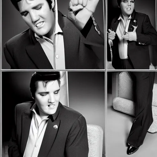 Prompt: elvis presley photo shoot, wearing a suit but the suit is made of fruit rollups, studio photography, 8 5 mm,