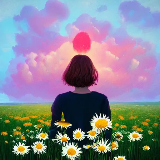 Image similar to head made of daisies, girl standing in a vast flower field, holding flowers, surreal photography, sunrise dramatic light, impressionist painting, colorful clouds, large sky, digital painting, artstation, simon stalenhag, flower face